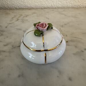 Dresden Floral Porcelain Trinket Box With Lid Hand Painted Gold Detail Germany